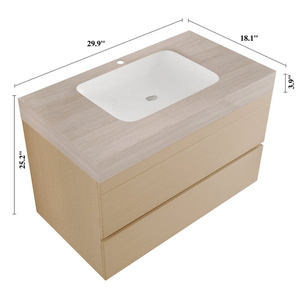 English Elm 29.9 Floating Bathroom Vanity Sintered Stone Top Ceramic Undermount Sink Two Drawers Stone Gray, Wood W3136S00108