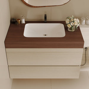 English Elm 29.9 Floating Bathroom Vanity Sintered Stone Top Ceramic Undermount Sink Two Drawers Walnut, Wood W3136S00109