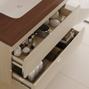English Elm 29.9 Floating Bathroom Vanity Sintered Stone Top Ceramic Undermount Sink Two Drawers Walnut, Wood W3136S00109