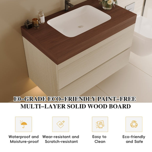 English Elm 29.9 Floating Bathroom Vanity Sintered Stone Top Ceramic Undermount Sink Two Drawers Walnut, Wood W3136S00109