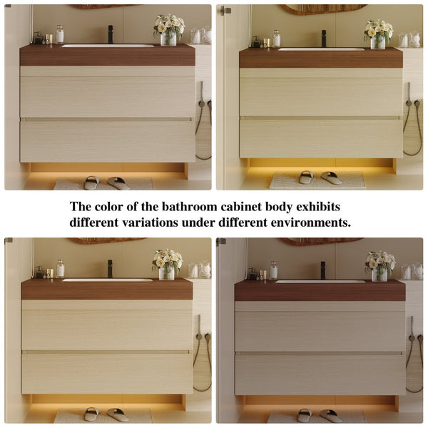 English Elm 29.9 Floating Bathroom Vanity Sintered Stone Top Ceramic Undermount Sink Two Drawers Walnut, Wood W3136S00109