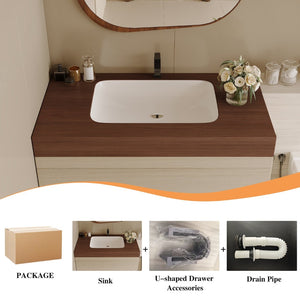 English Elm 29.9 Floating Bathroom Vanity Sintered Stone Top Ceramic Undermount Sink Two Drawers Walnut, Wood W3136S00109