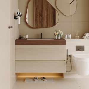 English Elm 29.9 Floating Bathroom Vanity Sintered Stone Top Ceramic Undermount Sink Two Drawers Walnut, Wood W3136S00109
