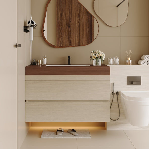 English Elm 29.9 Floating Bathroom Vanity Sintered Stone Top Ceramic Undermount Sink Two Drawers Walnut, Wood W3136S00109