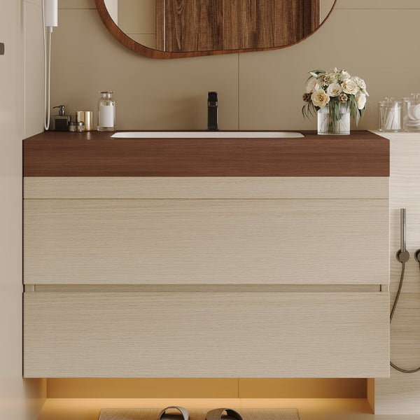 English Elm 29.9 Floating Bathroom Vanity Sintered Stone Top Ceramic Undermount Sink Two Drawers Walnut, Wood W3136S00109