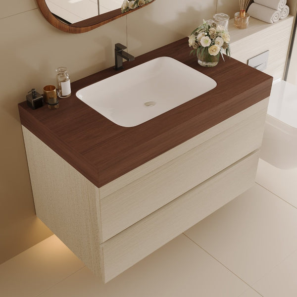 English Elm 29.9 Floating Bathroom Vanity Sintered Stone Top Ceramic Undermount Sink Two Drawers Walnut, Wood W3136S00109