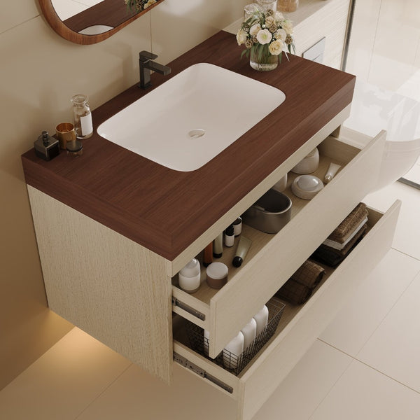 English Elm 29.9 Floating Bathroom Vanity Sintered Stone Top Ceramic Undermount Sink Two Drawers Walnut, Wood W3136S00109