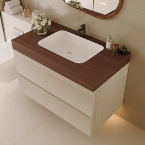 English Elm 29.9 Floating Bathroom Vanity Sintered Stone Top Ceramic Undermount Sink Two Drawers Walnut, Wood W3136S00109