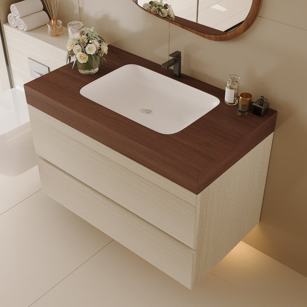 English Elm 29.9 Floating Bathroom Vanity Sintered Stone Top Ceramic Undermount Sink Two Drawers Walnut, Wood W3136S00109