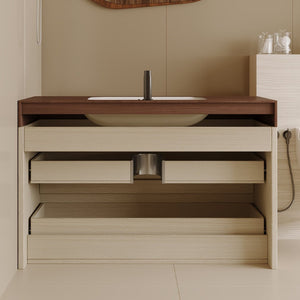 English Elm 29.9 Floating Bathroom Vanity Sintered Stone Top Ceramic Undermount Sink Two Drawers Walnut, Wood W3136S00109