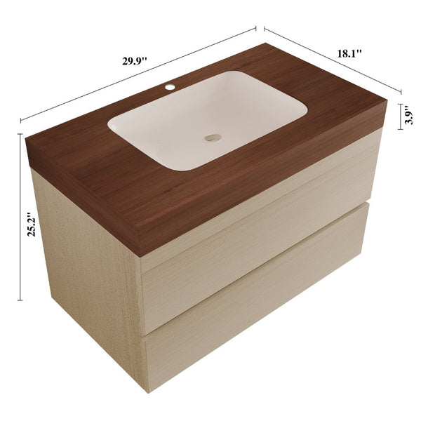English Elm 29.9 Floating Bathroom Vanity Sintered Stone Top Ceramic Undermount Sink Two Drawers Walnut, Wood W3136S00109