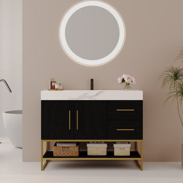 English Elm 36" Freestanding Bathroom Vanity Sintered Stone Top Integrated Basin Waterproof Cabinet Black, Gold, White W3136S00110