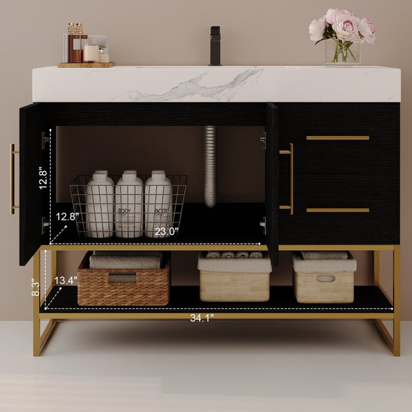 English Elm 36" Freestanding Bathroom Vanity Sintered Stone Top Integrated Basin Waterproof Cabinet Black, Gold, White W3136S00110