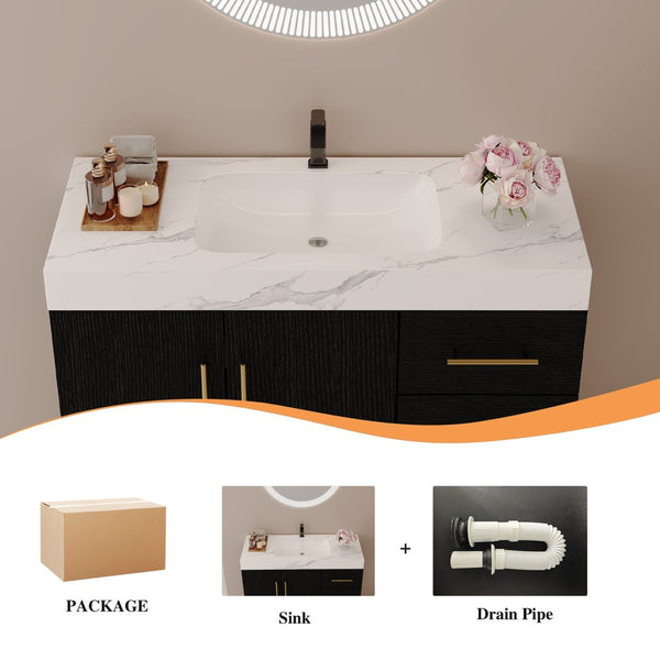 English Elm 36" Freestanding Bathroom Vanity Sintered Stone Top Integrated Basin Waterproof Cabinet Black, Gold, White W3136S00110