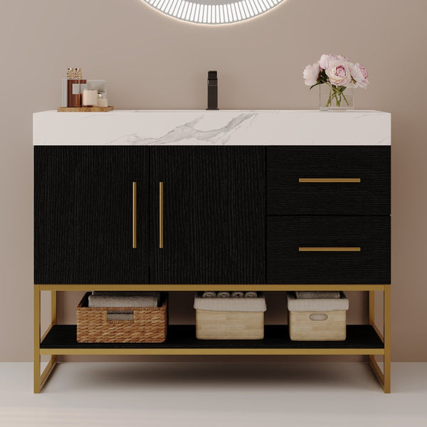 English Elm 36" Freestanding Bathroom Vanity Sintered Stone Top Integrated Basin Waterproof Cabinet Black, Gold, White W3136S00110