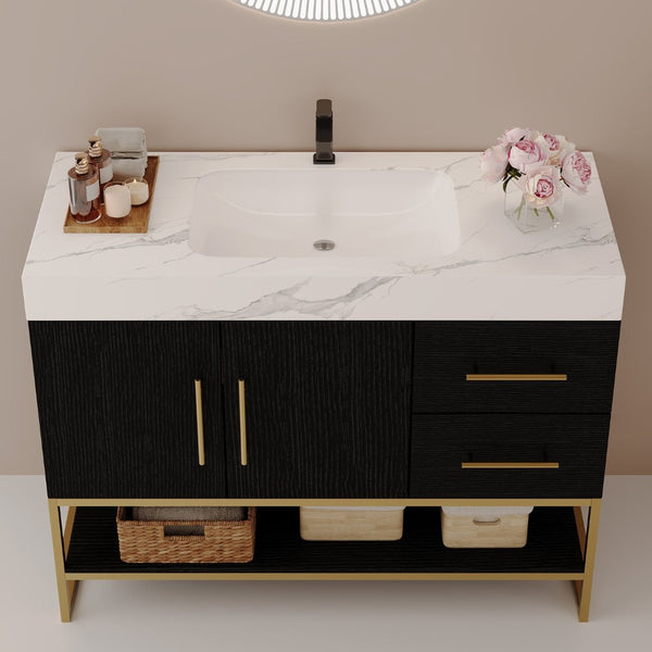 English Elm 36" Freestanding Bathroom Vanity Sintered Stone Top Integrated Basin Waterproof Cabinet Black, Gold, White W3136S00110