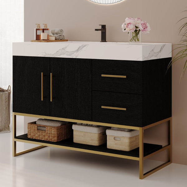 English Elm 36" Freestanding Bathroom Vanity Sintered Stone Top Integrated Basin Waterproof Cabinet Black, Gold, White W3136S00110
