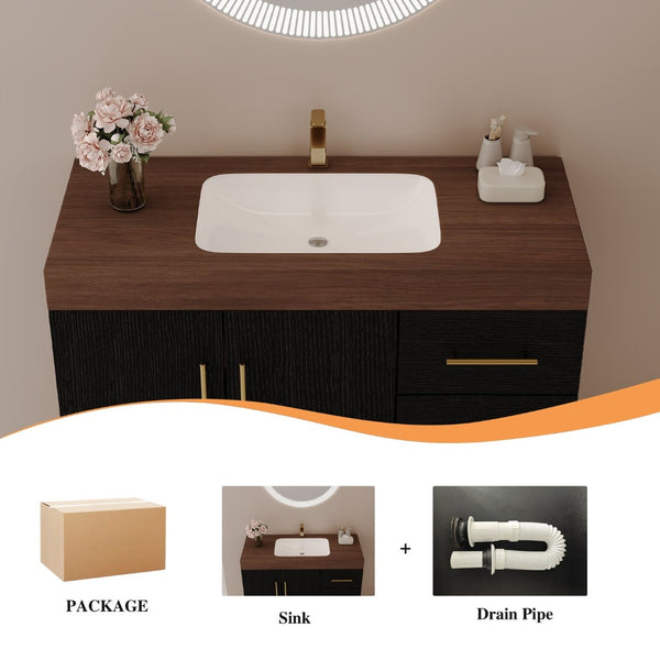 English Elm 36" Freestanding Bathroom Vanity Sintered Stone Top Integrated Basin Waterproof Cabinet Black, Gold, Walnut W3136S00111