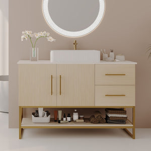 English Elm 36" Freestanding Bathroom Vanity Oak Cabinet Ceramic Vessel Sink Brushed Gold Base W3136S00112