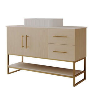 English Elm 36" Freestanding Bathroom Vanity Oak Cabinet Ceramic Vessel Sink Brushed Gold Base W3136S00112