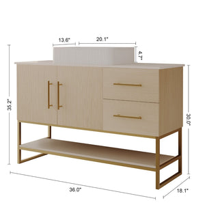 English Elm 36" Freestanding Bathroom Vanity Oak Cabinet Ceramic Vessel Sink Brushed Gold Base W3136S00112