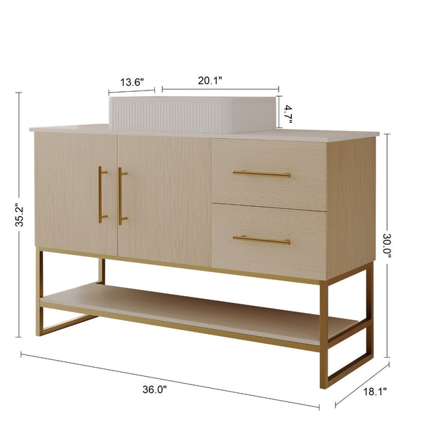 English Elm 36" Freestanding Bathroom Vanity Oak Cabinet Ceramic Vessel Sink Brushed Gold Base W3136S00112