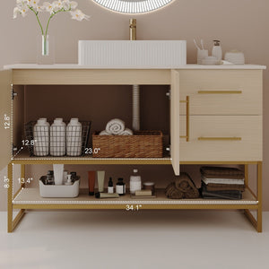 English Elm 36" Freestanding Bathroom Vanity Oak Cabinet Ceramic Vessel Sink Brushed Gold Base W3136S00112
