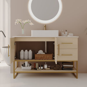 English Elm 36" Freestanding Bathroom Vanity Oak Cabinet Ceramic Vessel Sink Brushed Gold Base W3136S00112