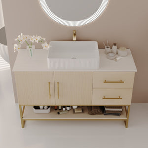 English Elm 36" Freestanding Bathroom Vanity Oak Cabinet Ceramic Vessel Sink Brushed Gold Base W3136S00112