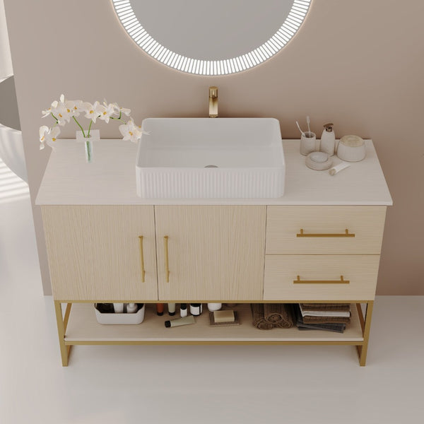 English Elm 36" Freestanding Bathroom Vanity Oak Cabinet Ceramic Vessel Sink Brushed Gold Base W3136S00112