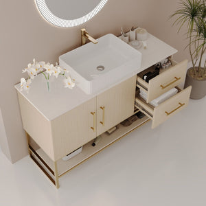 English Elm 36" Freestanding Bathroom Vanity Oak Cabinet Ceramic Vessel Sink Brushed Gold Base W3136S00112