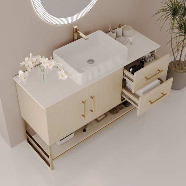 English Elm 36" Freestanding Bathroom Vanity Oak Cabinet Ceramic Vessel Sink Brushed Gold Base W3136S00112