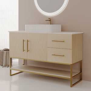 English Elm 36" Freestanding Bathroom Vanity Oak Cabinet Ceramic Vessel Sink Brushed Gold Base W3136S00112
