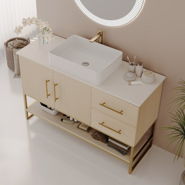 English Elm 36" Freestanding Bathroom Vanity Oak Cabinet Ceramic Vessel Sink Brushed Gold Base W3136S00112