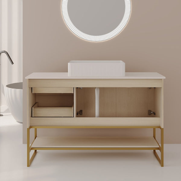 English Elm 36" Freestanding Bathroom Vanity Oak Cabinet Ceramic Vessel Sink Brushed Gold Base W3136S00112