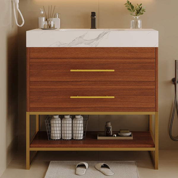 English Elm 29.9" Freestanding Bathroom Vanity Sintered Top Ceramic Sink Soft-close Drawers Small Bath Gold, Walnut, White - A W3136S00113