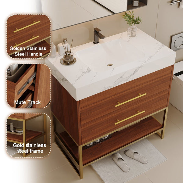 English Elm 29.9" Freestanding Bathroom Vanity Sintered Top Ceramic Sink Soft-close Drawers Small Bath Gold, Walnut, White - A W3136S00113