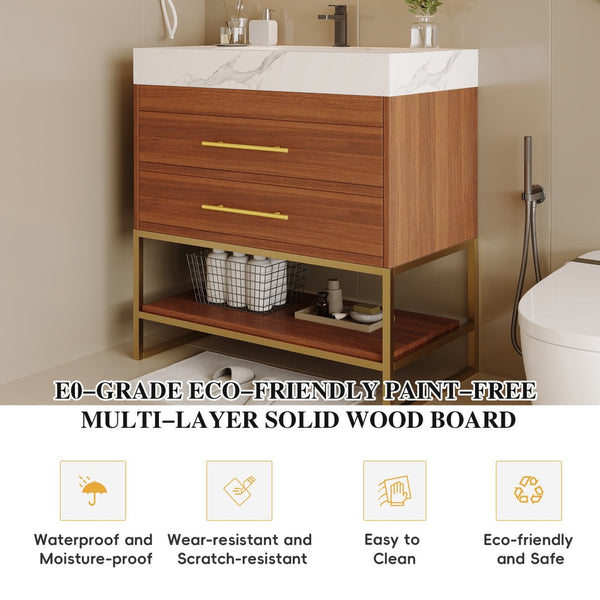 English Elm 29.9" Freestanding Bathroom Vanity Sintered Top Ceramic Sink Soft-close Drawers Small Bath Gold, Walnut, White - A W3136S00113