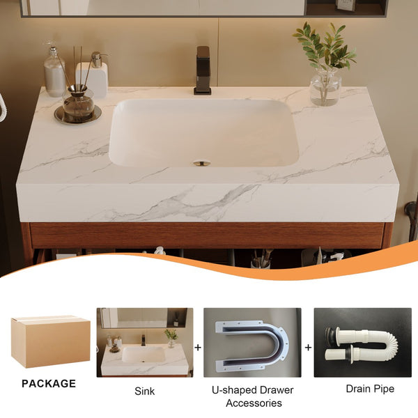 English Elm 29.9" Freestanding Bathroom Vanity Sintered Top Ceramic Sink Soft-close Drawers Small Bath Gold, Walnut, White - A W3136S00113