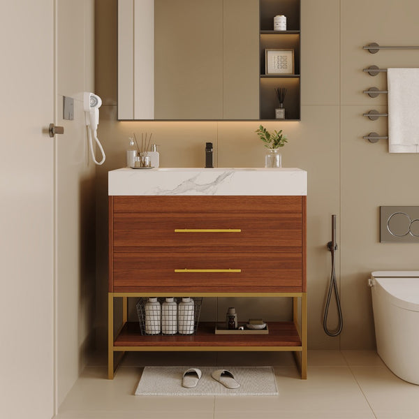 English Elm 29.9" Freestanding Bathroom Vanity Sintered Top Ceramic Sink Soft-close Drawers Small Bath Gold, Walnut, White - A W3136S00113
