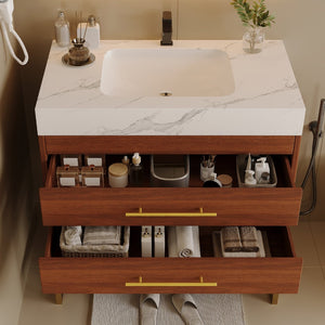 English Elm 29.9" Freestanding Bathroom Vanity Sintered Top Ceramic Sink Soft-close Drawers Small Bath Gold, Walnut, White - A W3136S00113