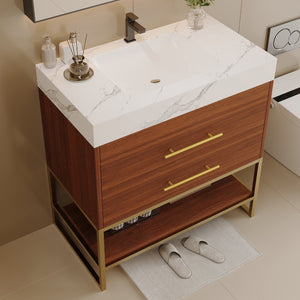 English Elm 29.9" Freestanding Bathroom Vanity Sintered Top Ceramic Sink Soft-close Drawers Small Bath Gold, Walnut, White - A W3136S00113