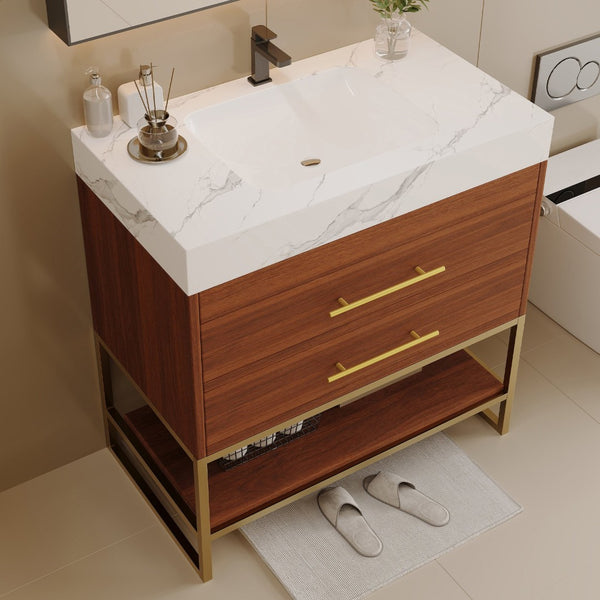 English Elm 29.9" Freestanding Bathroom Vanity Sintered Top Ceramic Sink Soft-close Drawers Small Bath Gold, Walnut, White - A W3136S00113