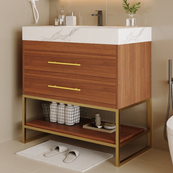 English Elm 29.9" Freestanding Bathroom Vanity Sintered Top Ceramic Sink Soft-close Drawers Small Bath Gold, Walnut, White - A W3136S00113