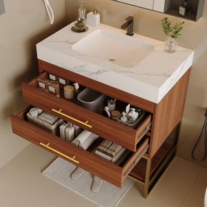 English Elm 29.9" Freestanding Bathroom Vanity Sintered Top Ceramic Sink Soft-close Drawers Small Bath Gold, Walnut, White - A W3136S00113