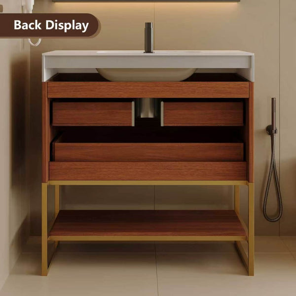 English Elm 29.9" Freestanding Bathroom Vanity Sintered Top Ceramic Sink Soft-close Drawers Small Bath Gold, Walnut, White - A W3136S00113