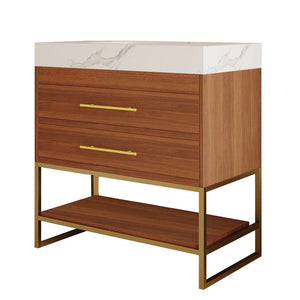 English Elm 29.9" Freestanding Bathroom Vanity Sintered Top Ceramic Sink Soft-close Drawers Small Bath Gold, Walnut, White - A W3136S00113