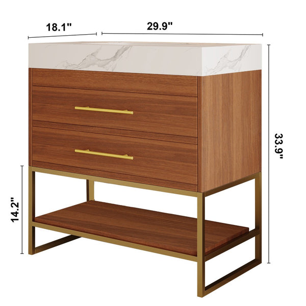 English Elm 29.9" Freestanding Bathroom Vanity Sintered Top Ceramic Sink Soft-close Drawers Small Bath Gold, Walnut, White - A W3136S00113