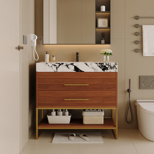 English Elm 29.9" Freestanding Bathroom Vanity Sintered Top Ceramic Sink Soft-close Drawers Small Bath Gold, Walnut, White - B W3136S00114