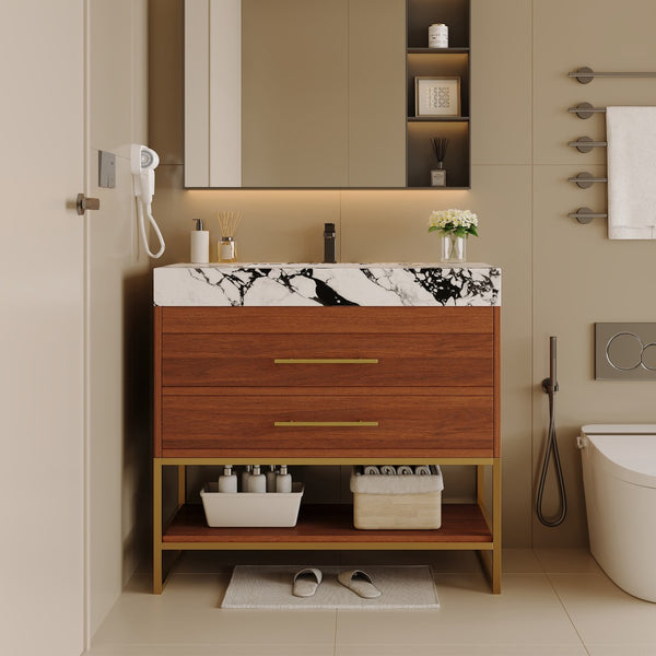 English Elm 29.9" Freestanding Bathroom Vanity Sintered Top Ceramic Sink Soft-close Drawers Small Bath Gold, Walnut, White - B W3136S00114